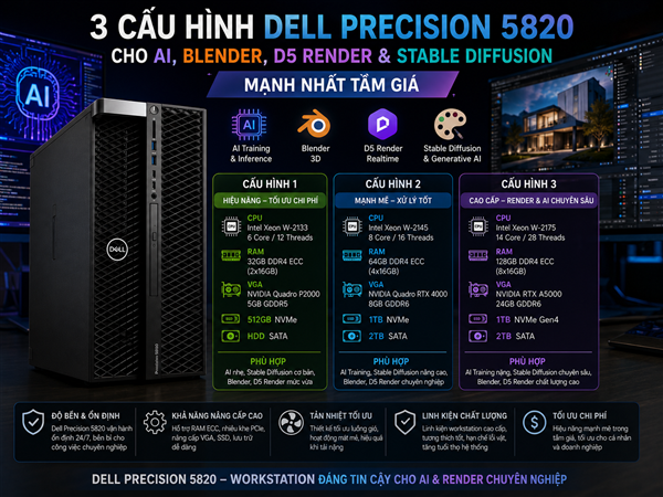 3 cấu hình Dell Precision 5820 cho AI, Blender, D5 Render và Stable Diffusion mạnh nhất tầm giá