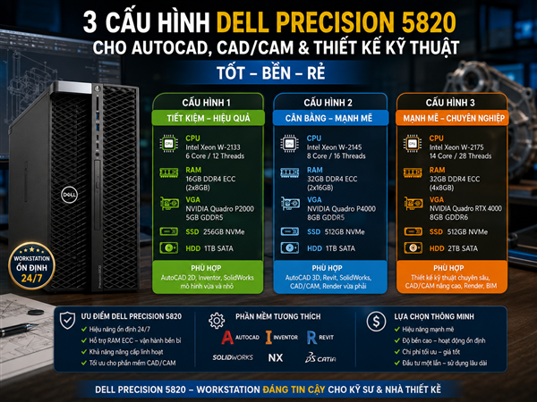 3 Cấu Hình Dell Precision 5820 Cho AutoCAD, CAD/CAM & Thiết Kế Kỹ Thuật tốt, bền, rẻ
