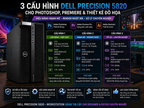 3 Cấu Hình Dell Precision 5820 Cho Photoshop, Premiere & Thiết Kế Đồ Họa Đáng Mua 2026